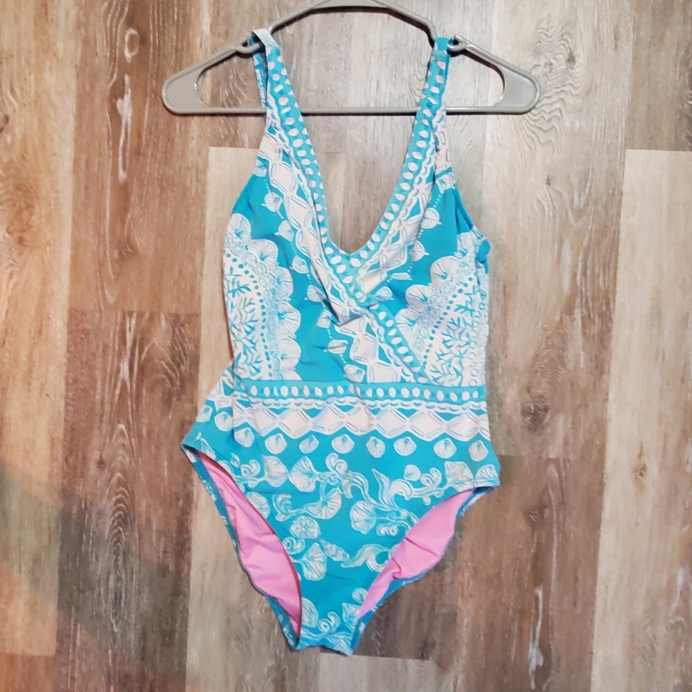Lilly Pulitzer Shiloh One-Piece Swimsuit Turquoise Teal Water Ya Waiting For